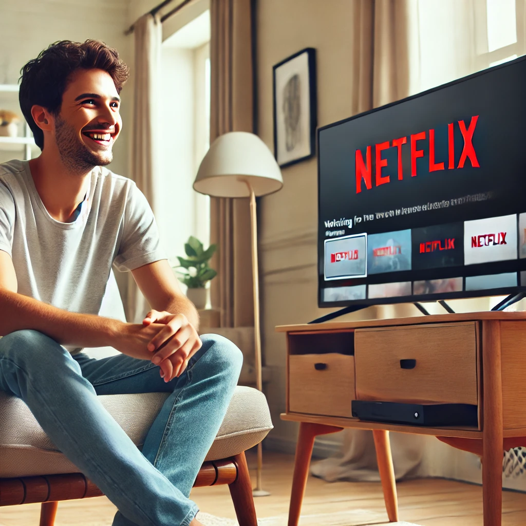 홈 오피스에서 노트북으로 넷플릭스를 즐기는 사람
