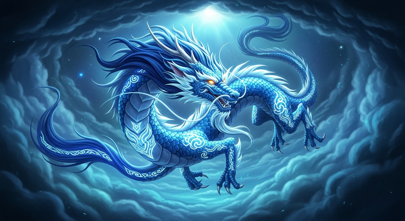 A majestic Azure Dragon, embodying the spirit of the East, soaring through mystical blue and teal clouds against a dark, cosmic sky.
