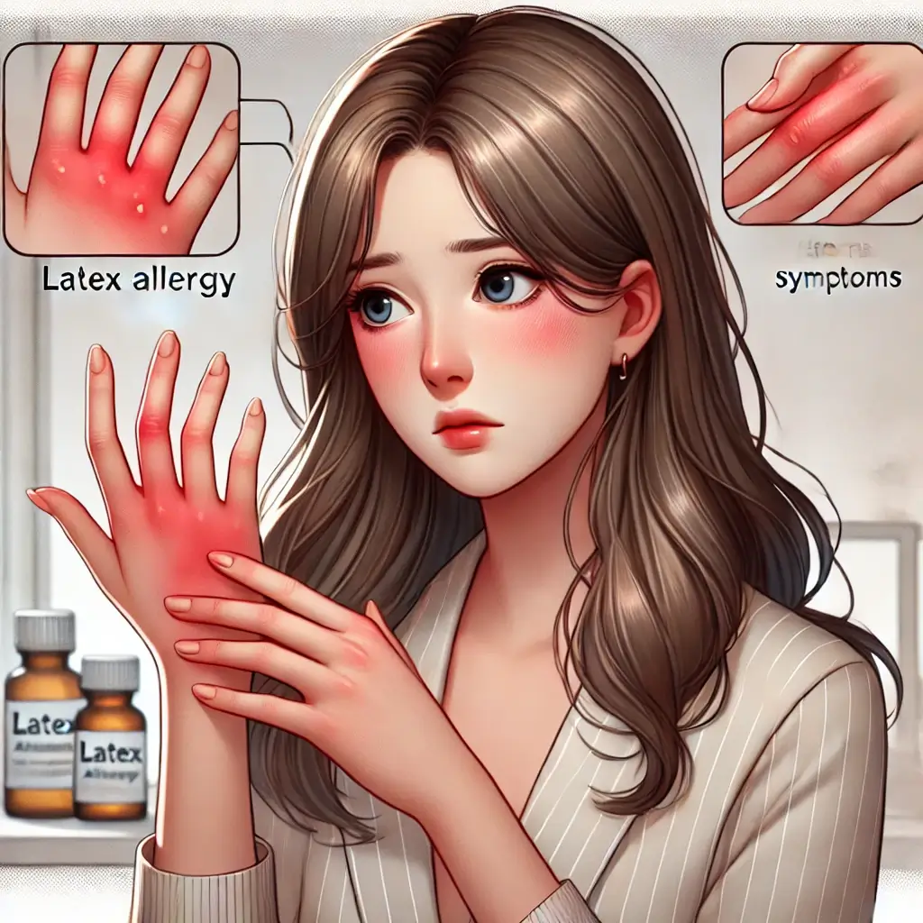 라텍스 알레르기로 손이 붉어지고 자극을 받은 여성이 걱정스럽게 손을 바라보는 모습