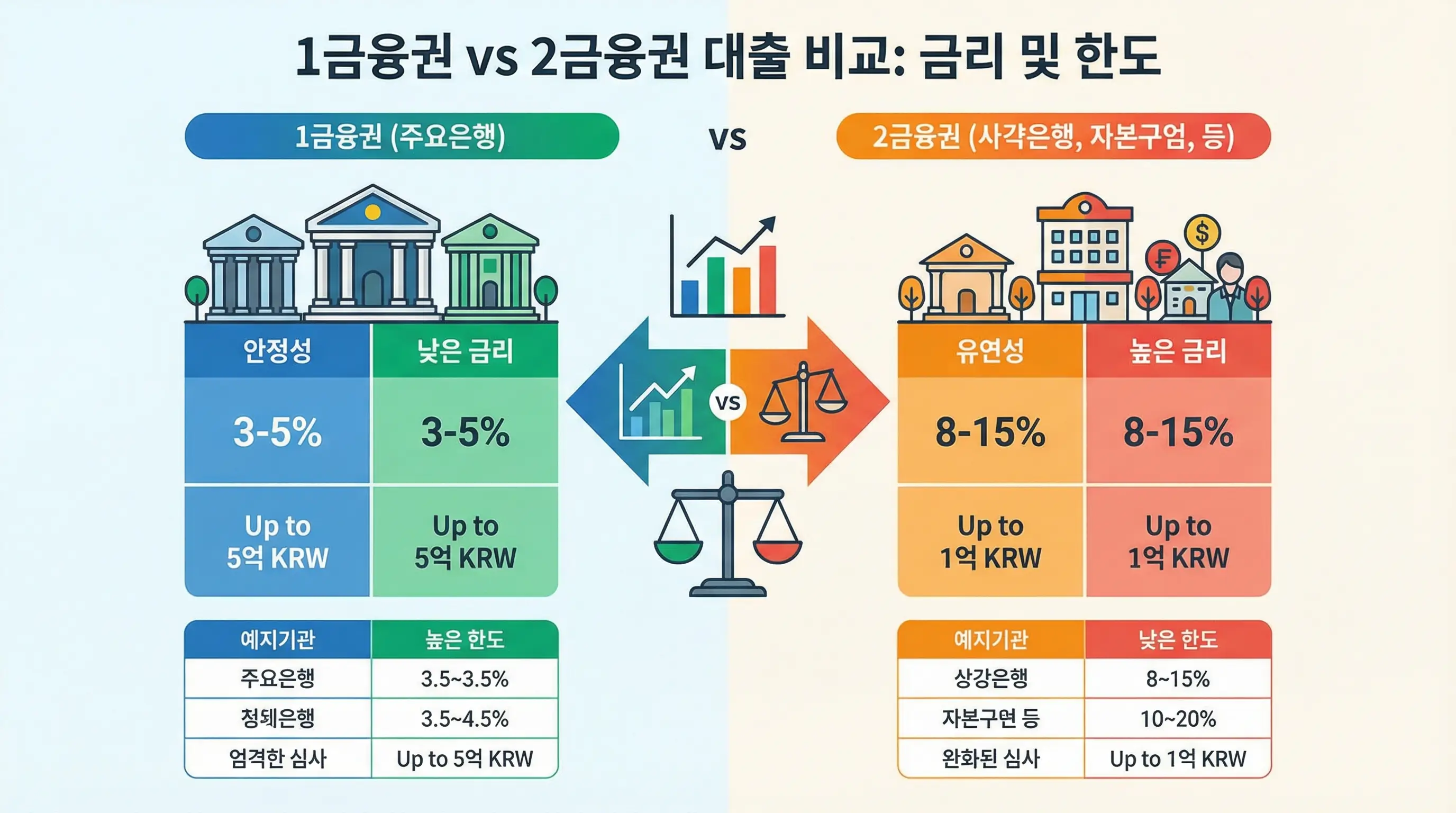 1금융권과 2금융권의 대출 금리와 한도를 비교하는 인포그래픽
