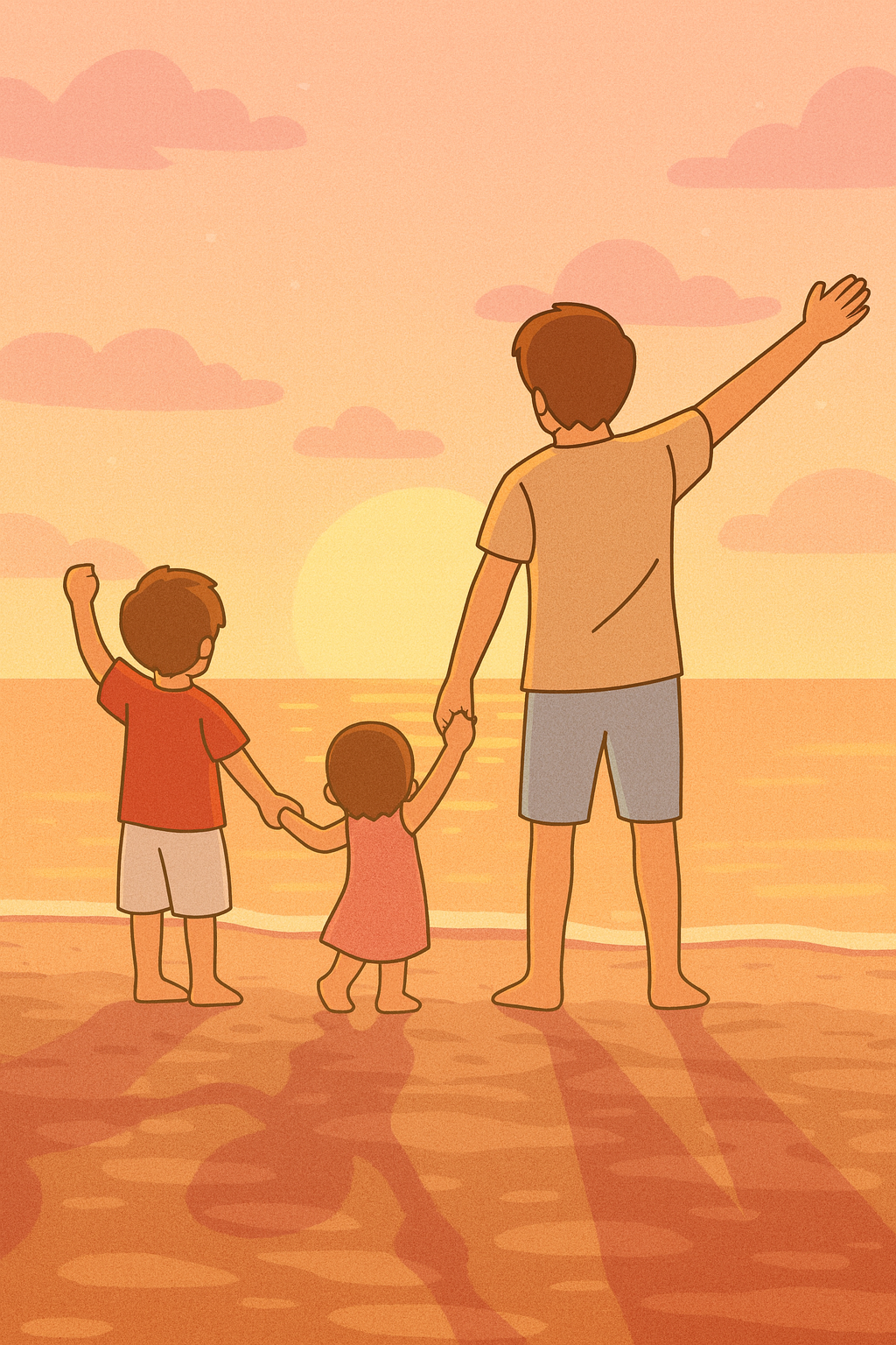 아빠와 아이들과 해질녘 노을을 보고 있습니다.