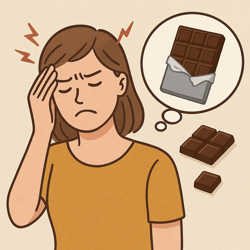 초콜릿을-떠올리며-머리를-잡고-두통을-느끼는-여성의-모습으로,-카페인과-티라민이-신경계에-영향을-줘-두통을-유발할-수-있음을-표현한-건강-일러스트