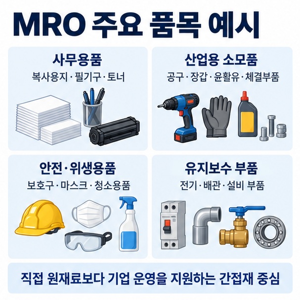 사무용품, 산업용 소모품, 안전위생용품, 유지보수 부품 등 MRO 대표 품목을 비교한 이미지