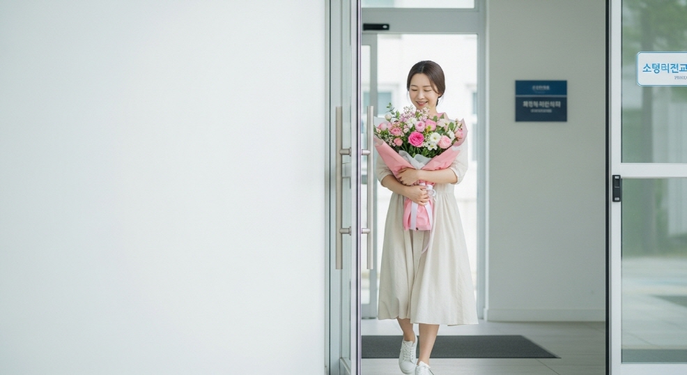 꽃다발을 들고 병원에서 나오는 여성