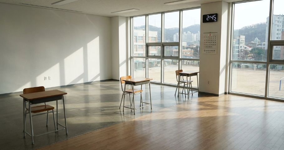 학생 수가 줄어들어적막한 교실과 감소 추세를 보여주는 그래프