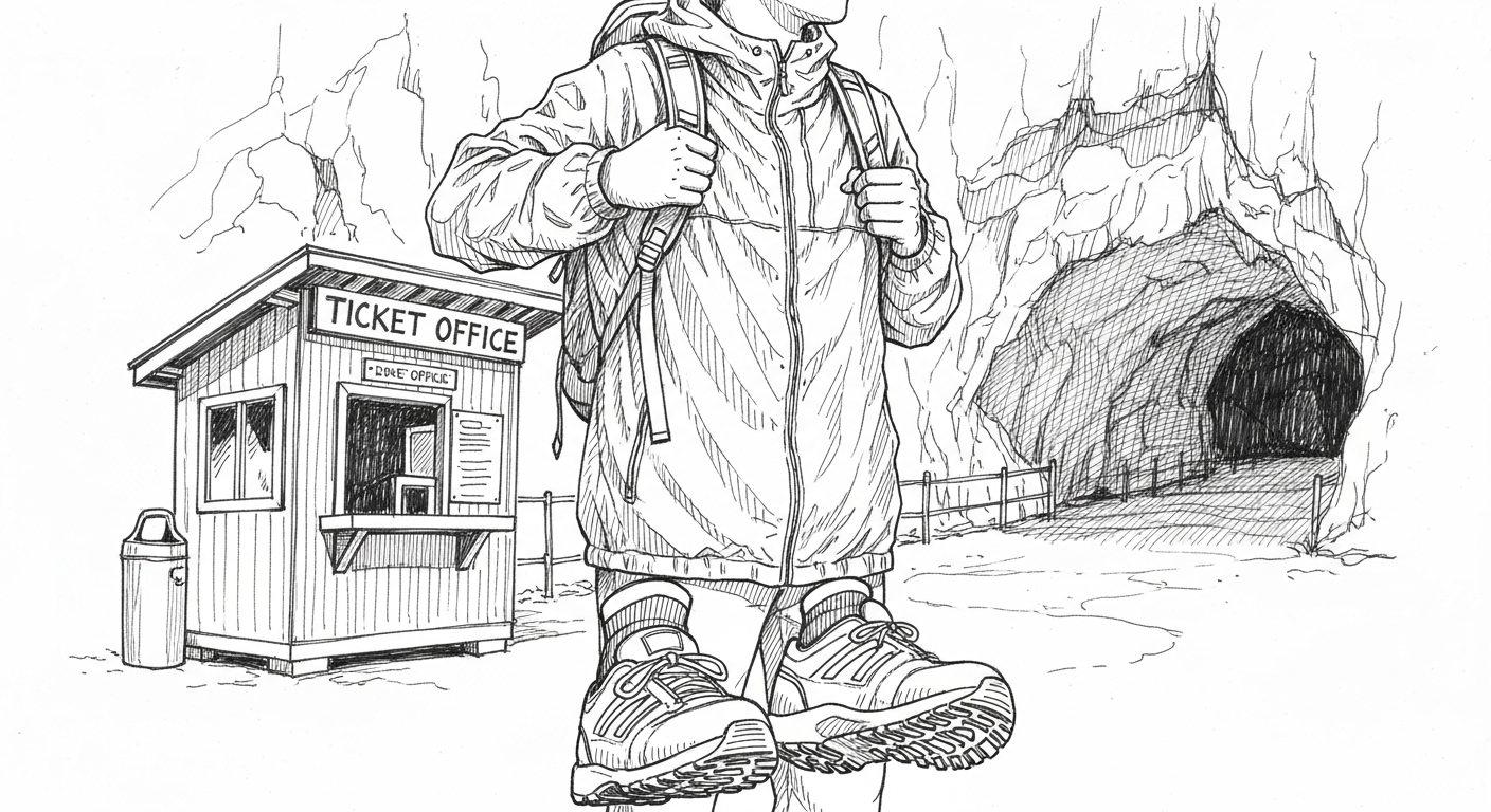 동굴 관람을 위한 운동화와 긴팔 복장