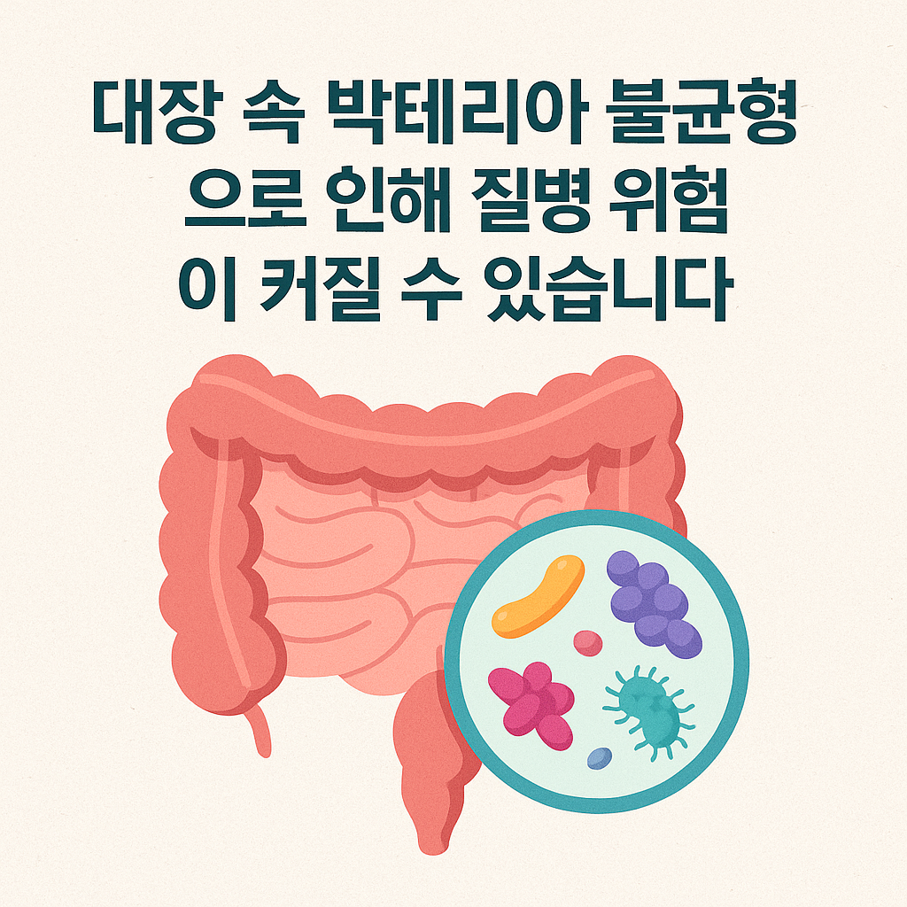 대장 모양의 일러스트와 확대경 속 다양한 색깔의 박테리아 아이콘이 함께 있는 건강 인포그래픽. 상단에는 &lsquo;대장 속 박테리아 불균형으로 인해 질병 위험이 커질 수 있습니다&rsquo;라는 한국어 문구가 선명하게 표시되어 있으며, 장내 세균 불균형의 위험성을 시각적으로 표현한 이미지.