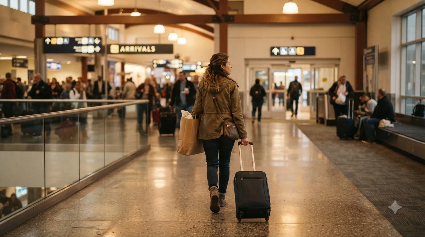 해외여행을 마치고 캐리어를 끌고 공항 입국장을 걷는 여행자