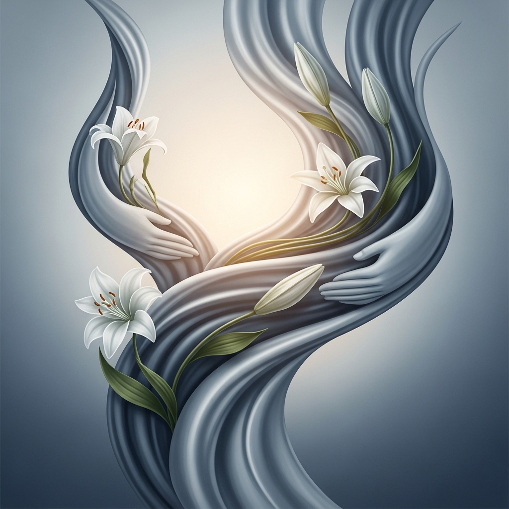 여성의 건강과 치유를 상징하는 부드러운 파란색과 회색 톤의 추상적인 이미지.