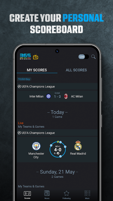 365Scores, Live Scores, 라이브 축구 결과, UEFA 챔피언스 리그, 영국 프리미어 리그, 스페인 라리가, 독일 분데스리가, 이탈리아 세리에 A, AFC 챔피언스 리그