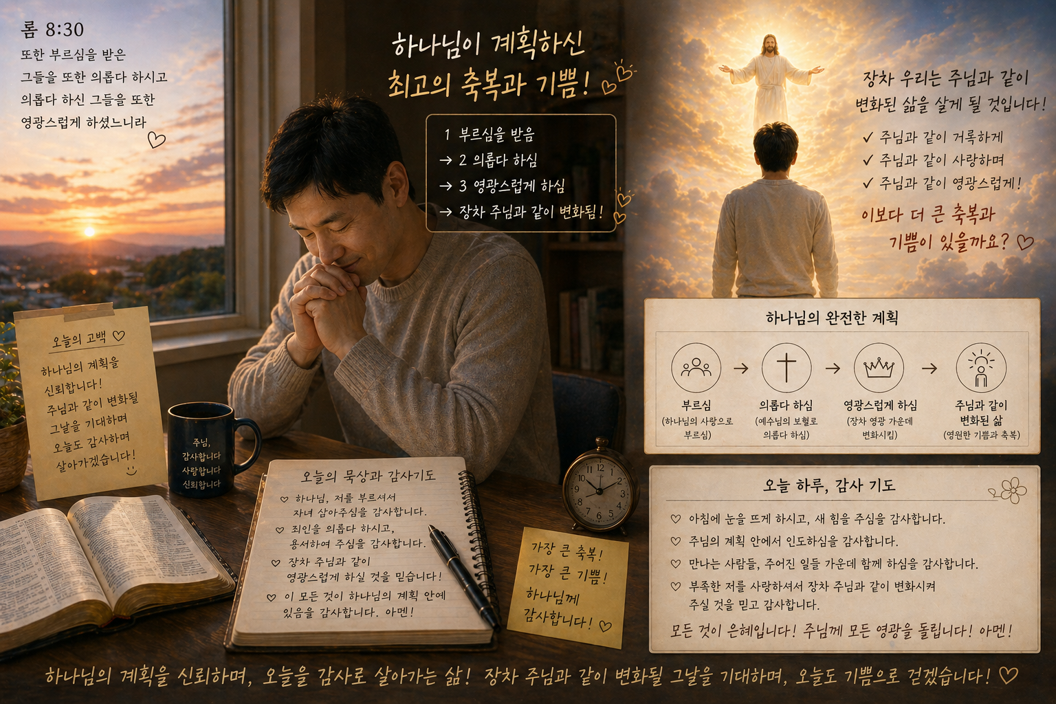롬 8:30에서 장차 우리가 주님과 같이 변화된 삶을 살아갈 것에 대해 하나님께서 계획하고 계심을 묵상하며 가장 큰 축복과 기쁨으로 감사해야하며&amp;#44; 이를 하루 중 묵상하며 감사기도 드리는 모습입니다.