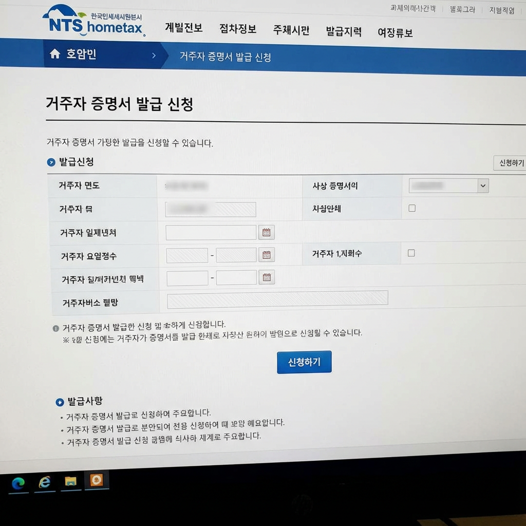 국세청 홈택스 거주자 증명서 발급 신청 페이지
