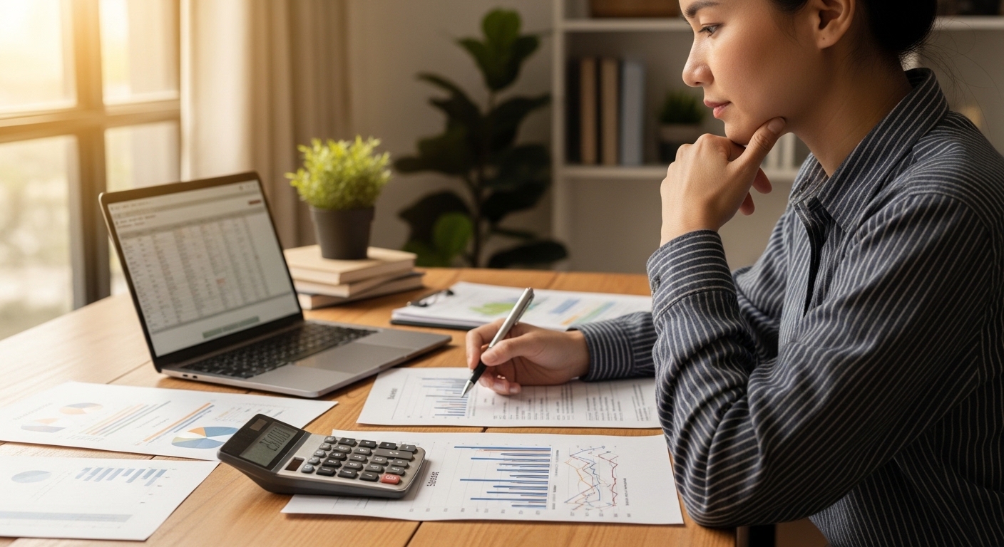 2026년 소상공인 바우처 신청 자격을 분석하는 자영업자와 계산기, 매출 그래프가 함께 있는 장면