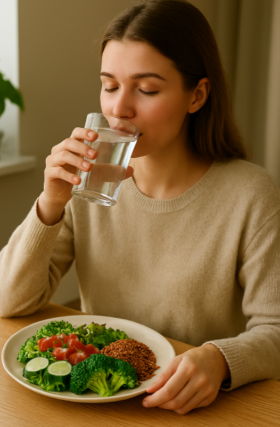 햇살이 들어오는 식탁 앞에 한 여성이 앉아 미지근한 물 한 잔을 마시는 모습