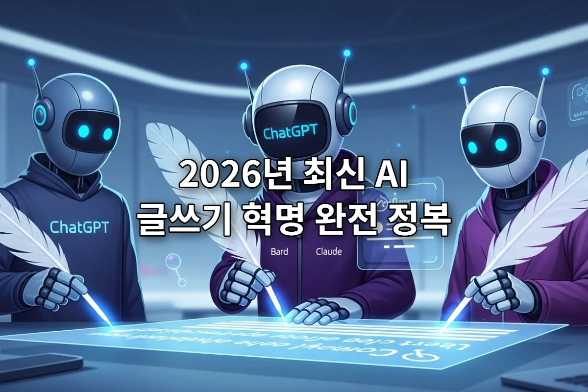 2026년 인공지능 글쓰기 도구(챗GPT, 바드, 클로드)가 협력하여 문서 작업을 하는 미래지향적인 모습.