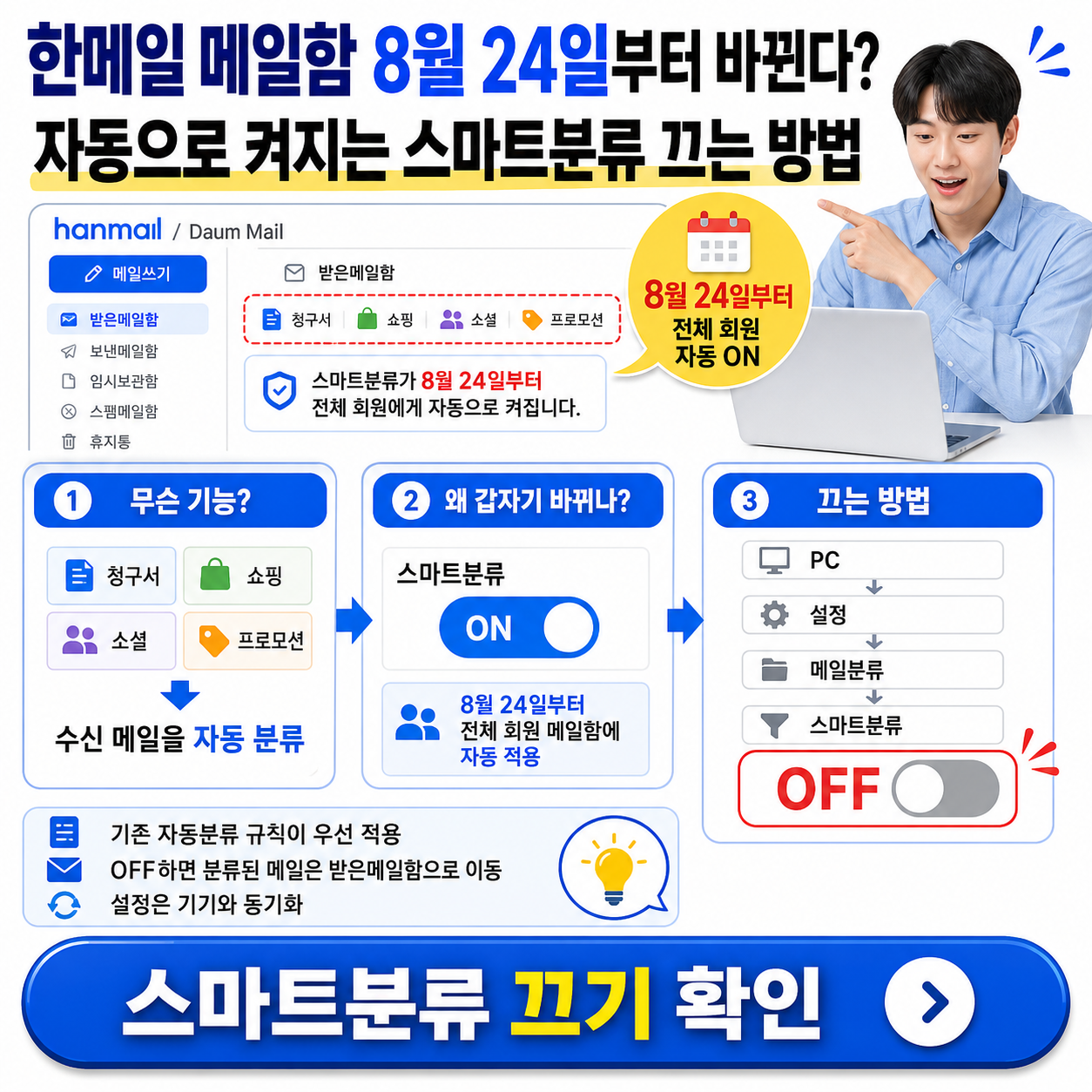 한메일 메일함 8월 24일부터 바뀐다? 스마트분류 끄는 방법