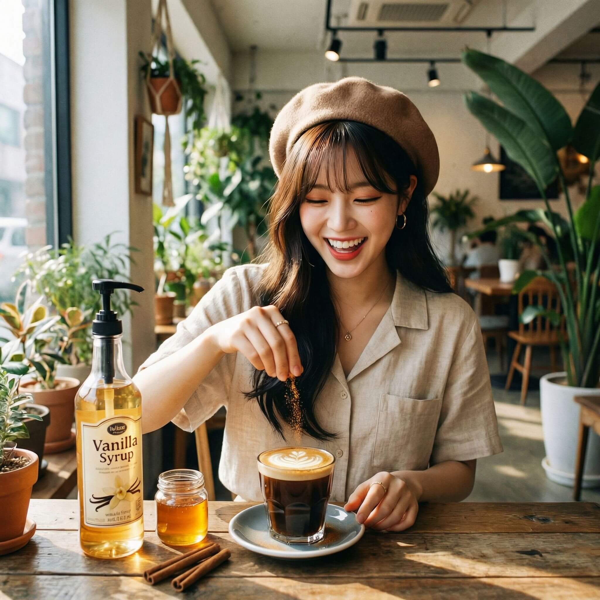 커피에 시나몬을 타고있는 여자