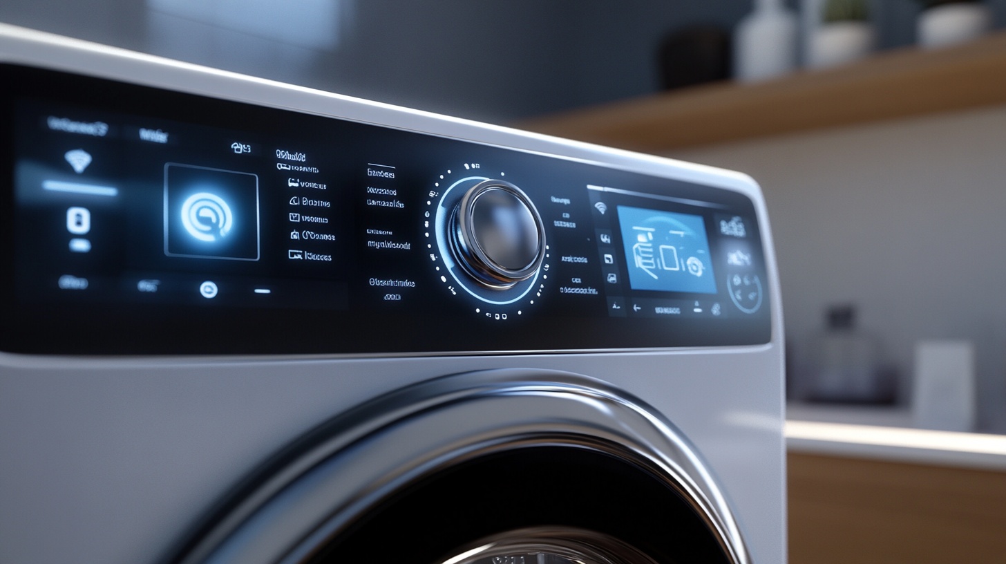 AI 기술 디스플레이와 쉬운 탐색 옵션이 강조된 세탁기 컨트롤 패널의 클로즈업 이미지