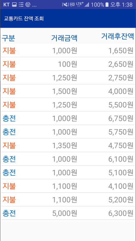 교통카드 잔액 앱, 교통카드 사용내역 조회