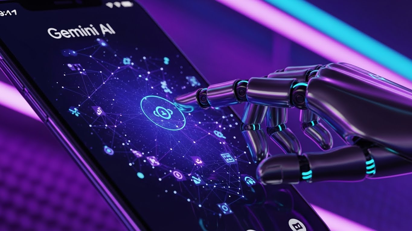 A smartphone screen displaying the Google Gemini AI interface, with a futuristic robot hand touching the screen, purple and blue neon background