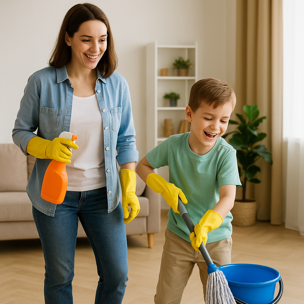 아이와 함께 청소하고 있는 모습