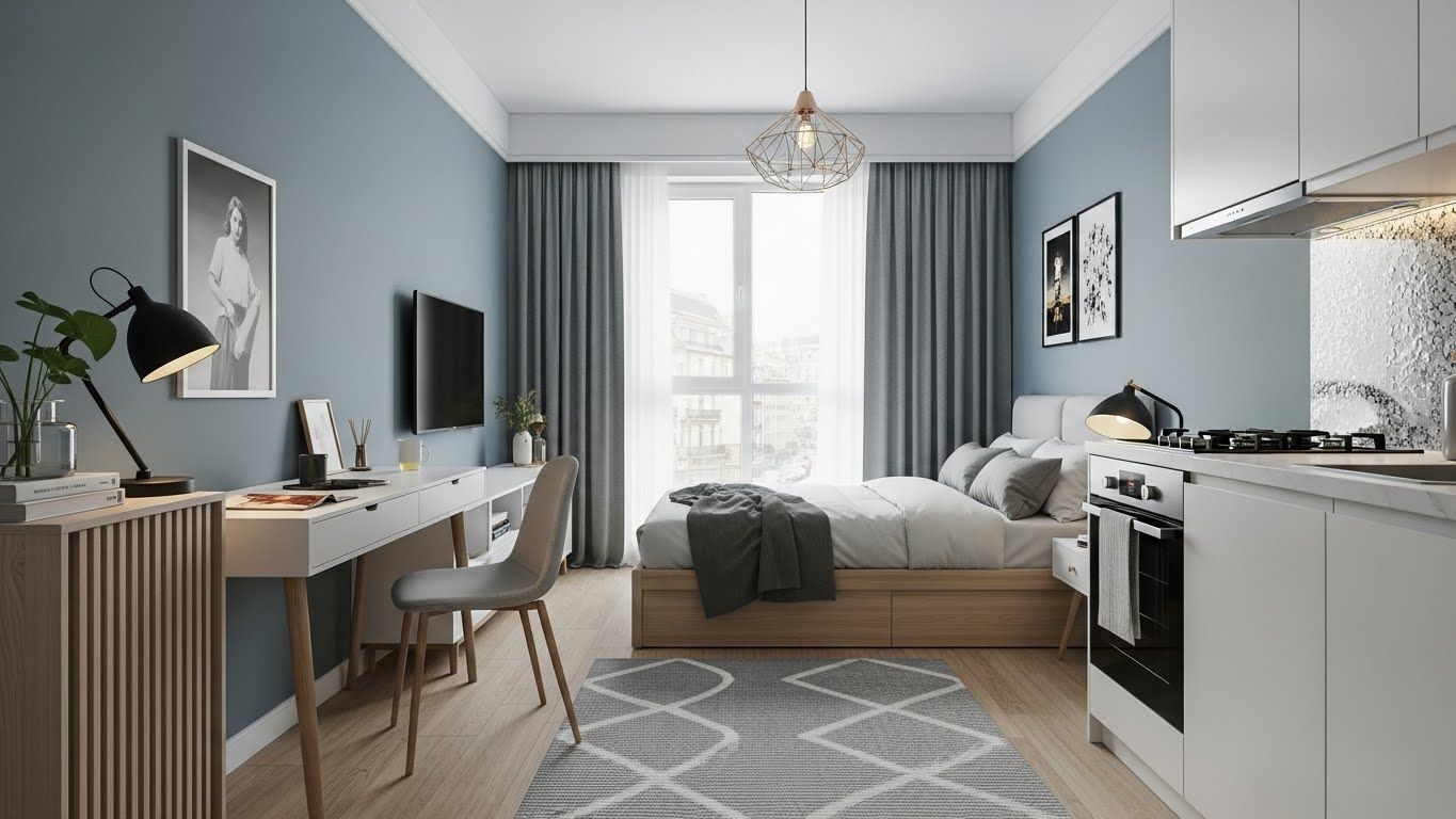 컴팩트하고 잘 디자인된 스튜디오 아파트나 작고 기능적인 오피스텔의 아늑하고 현대적인 인테리어.