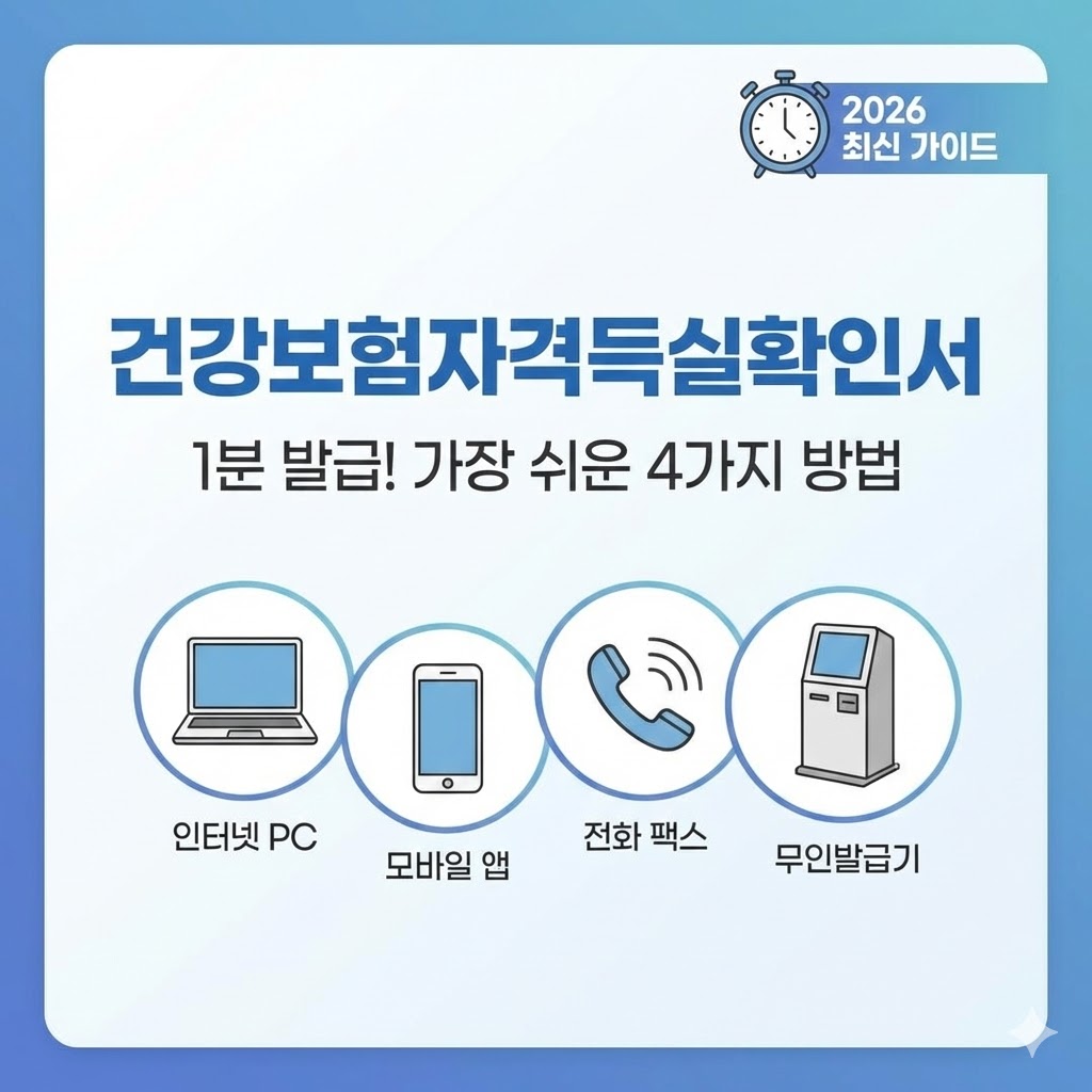 PC 인터넷, 스마트폰 앱(The건강보험), 전화 팩스(1577-1000), 무인민원발급기 등 건강보험자격득실확인서의 대표적인 4가지 발급 경로와 특징을 비교 정리한 가이드 이미지