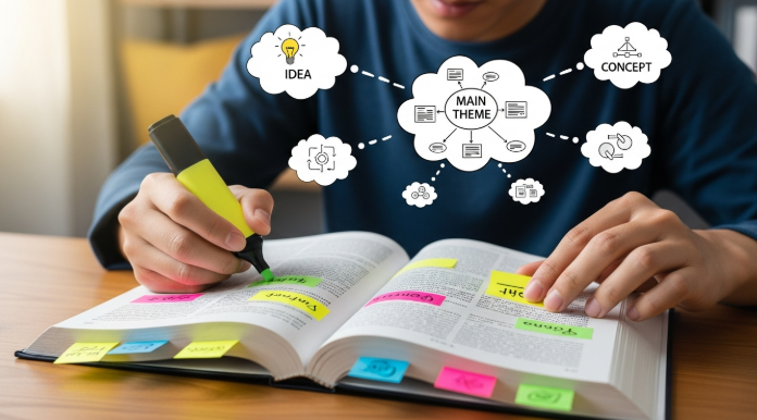 색색의 형광펜과 포스트잇으로 책에 능동적으로 필기하며 독서하는 사람의 모습.