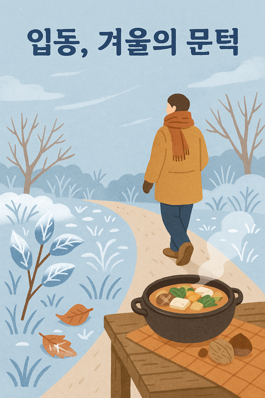 입동 절기에 겨울 외투를 입은 사람이 서리가 맺힌 정원을 걷고 뜨거운 국을 곁들인 일러스트
