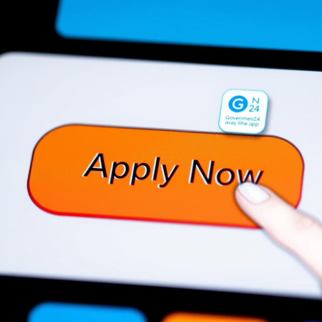 컴퓨터나 스마트폰 화면에 '신청하기' 버튼이 강조되어 있고, 그 옆에 손가락이 버튼을 누르려는 모습을 그립니다. 정부24 웹사이트나 앱 아이콘을 작게 포함하여 구체적인 신청 경로를 암시합니다. 간편하고 직관적인 느낌을 강조합니다.