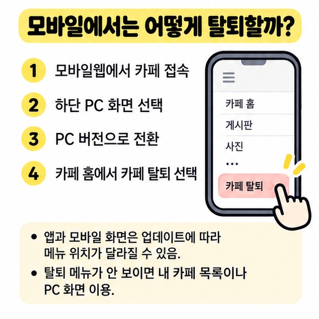 모바일에서 PC 화면으로 전환해 다음 카페를 탈퇴하는 방법 이미지