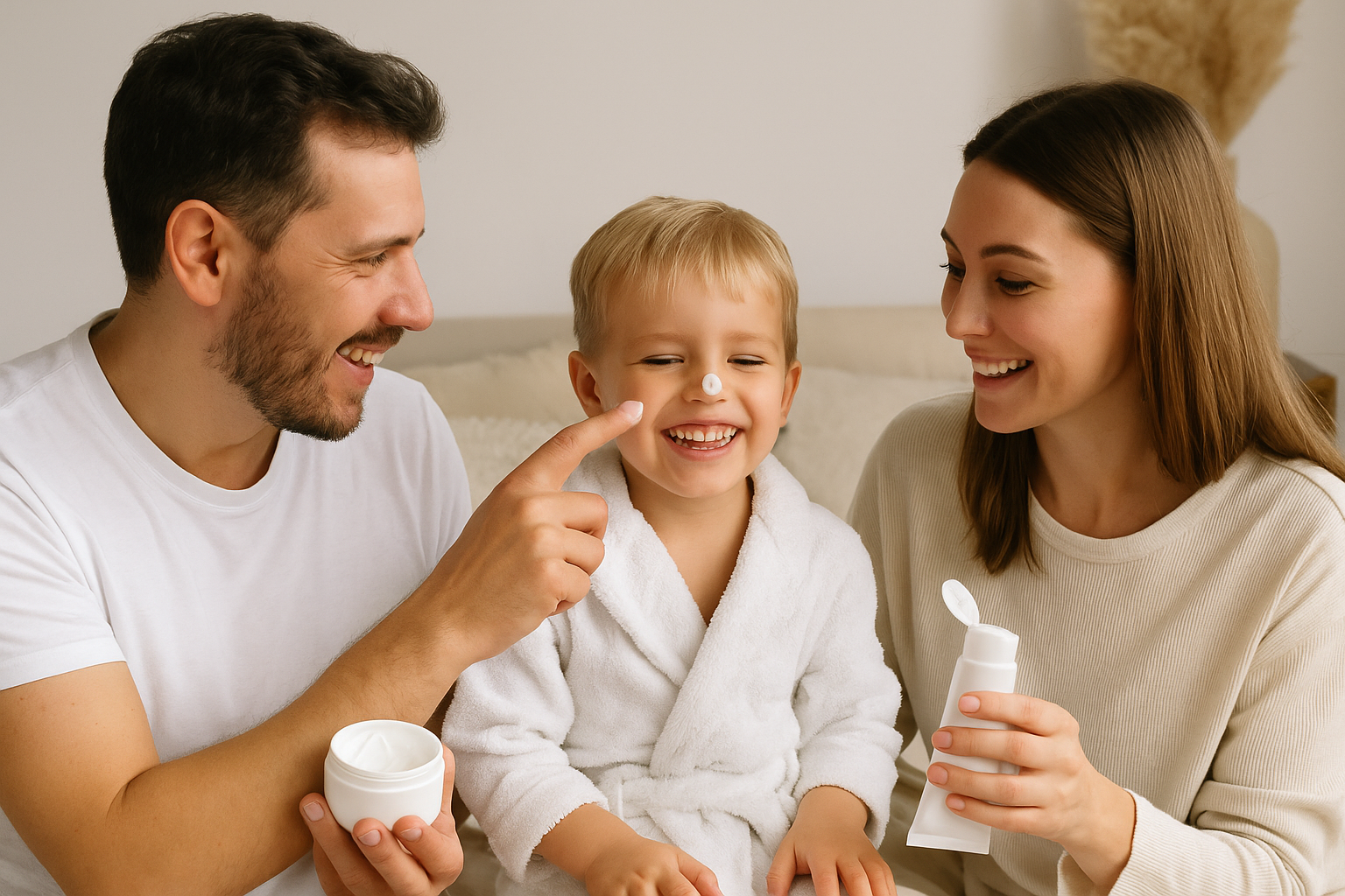 엄마 아빠가 어린아이를 목욕시키고 나와서 얼굴에 로션을 발라주고 있는 이미지