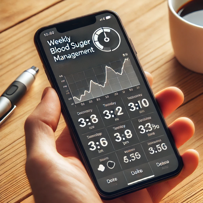 혈당 수치 그래프가 표시된 스마트폰 화면: 날짜별로 혈당 수치가 그래프로 정리된 스마트폰 앱 화면 이미지.