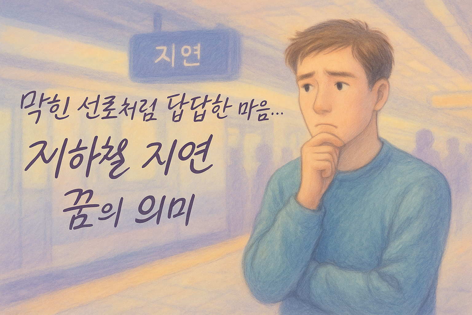 지연 표시된 플랫폼에서 걱정스레 선 남성의 파스텔톤 일러스트