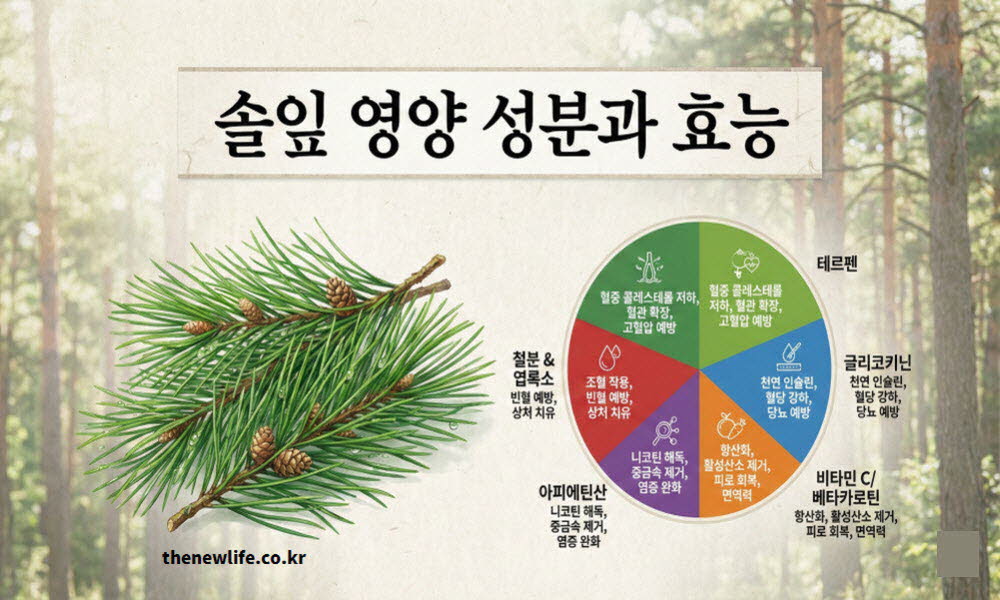 솔잎 효능의 이로운 영양 성분들의 종류와 역할을 전체적으로 설명하는 이미지