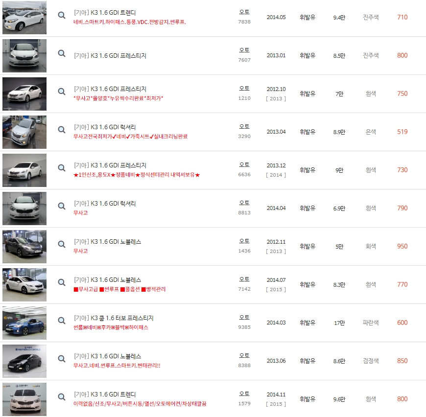 K3 중고차 시세 : 390만원~1,190만원