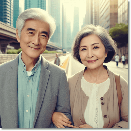 팔짱 끼고 걸어가는 건강한 노부부