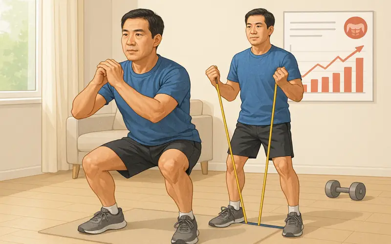근감소증 예방을 위해 집에서 운동하는 40대 남성의 모습