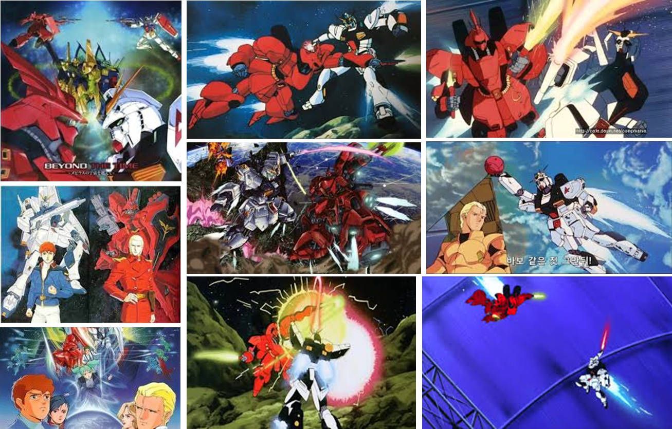 사아지와 뉴건담의 애니메이션 속 대결 이미지 캡쳐입니다.