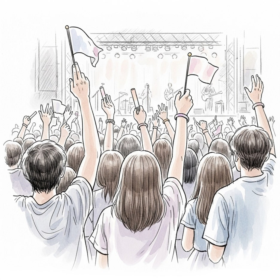 콘서트 무대를 향해 환호하는 관객들의 수채화 장면