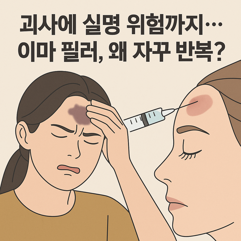 이마 필러 시술의 위험성을 경고하는 의료 일러스트, 이마 혈관 구조와 실명&middot;피부 괴사 경고 아이콘이 함께 표현된 뉴스형 썸네일