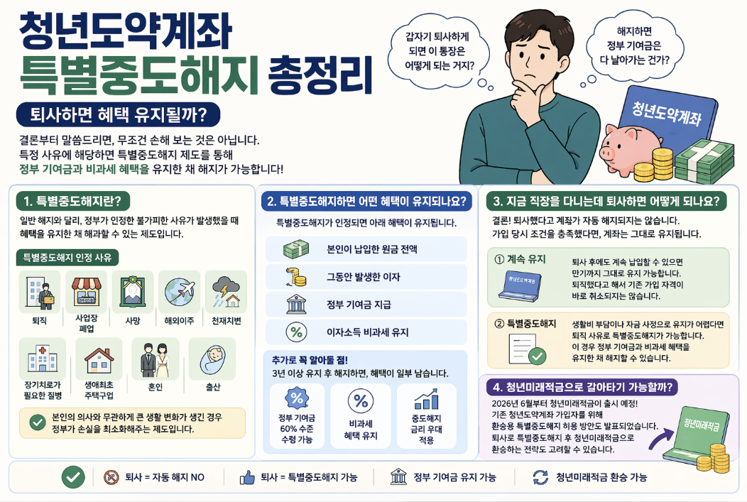 청년도약계좌 특별중도해지 제도 총정리: 퇴직, 사업장 폐업, 사망, 해외이주, 천재지변, 질병, 생애최초 주택구입, 혼인, 출산 등 인정 사유 발생 시 정부 기여금 및 비과세 혜택 유지하며 해지 가능. 퇴사 후에도 계좌 유지 가능 여부와 2026년 6월 출시 예정인 청년미래적금으로의 환승 전략 및 조건 안내