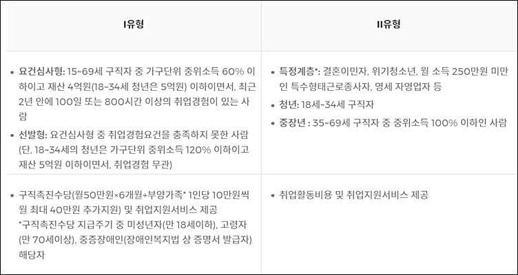 I유형ㆍII유형 지원요건 및 지원내용