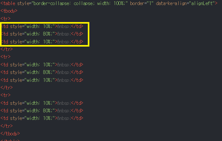 html 코드를 이용한 표의 크기 변경
