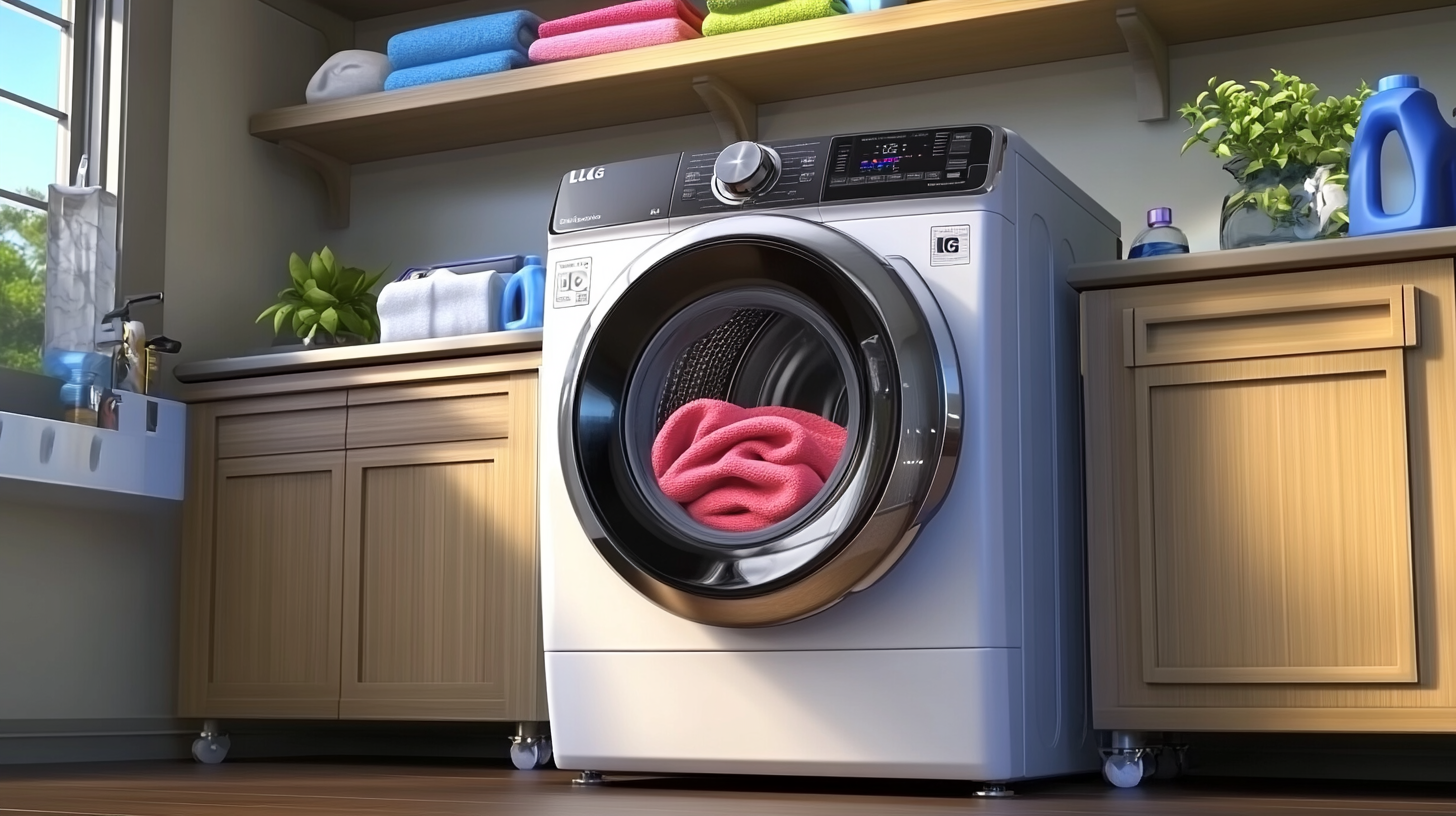 미래적 디자인과 에너지 효율성을 강조하는 듀얼 인버터 히트 펌프 기술이 적용된 LG 건조기의 장면