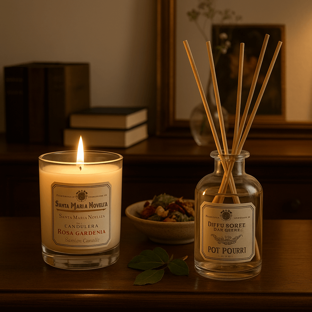 따뜻한 조명 아래 우드 콘솔 테이블 위에 산타 마리아 노벨라 로사 가데니아 향초가 은은하게 불을 밝히고 있고, 옆에는 포푸리 디퓨저가 전통 유리병과 우드 스틱과 함께 놓여 있으며, 뒤편에는 책과 액자가 배치된 아늑한 유럽식 클래식 거실 분위기를 담은 이미지. 향기로 공간을 채우는 감각적 홈 프래그런스 무드가 강조됨.