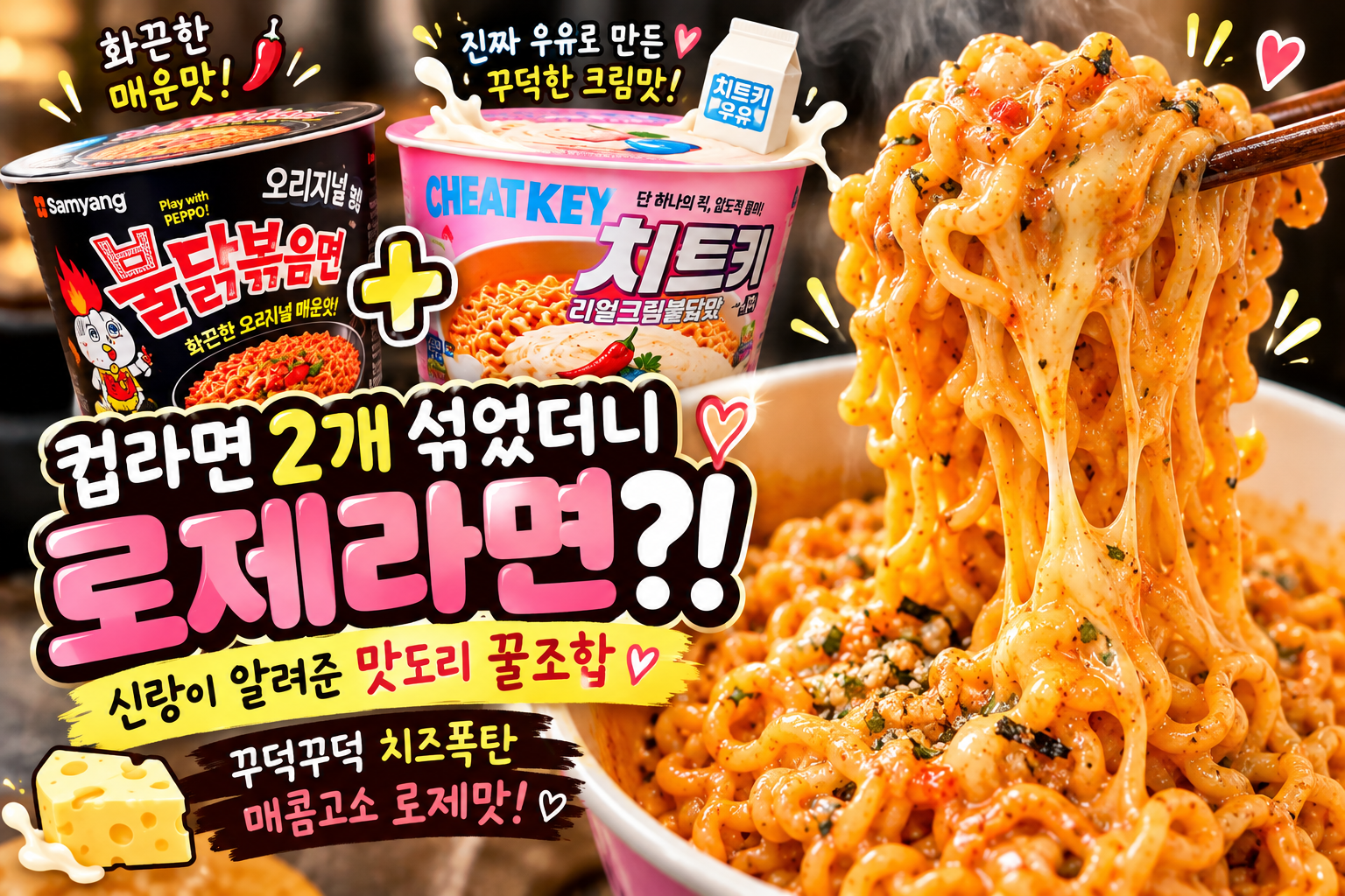 불닭볶음면과 치트키 리얼크림불닭맛에 모짜렐라 치즈를 더해 만든 컵라면 후기