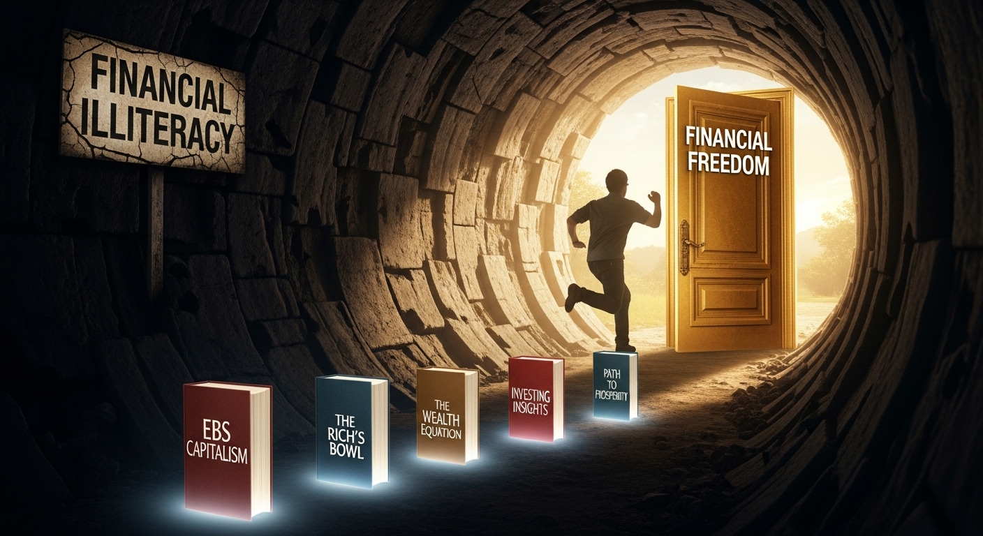 '금융 문맹 탈출'이라고 적힌 탈출구를 향해 달려가는 사람과 그 길을 밝혀주는 5권의 책 이미지