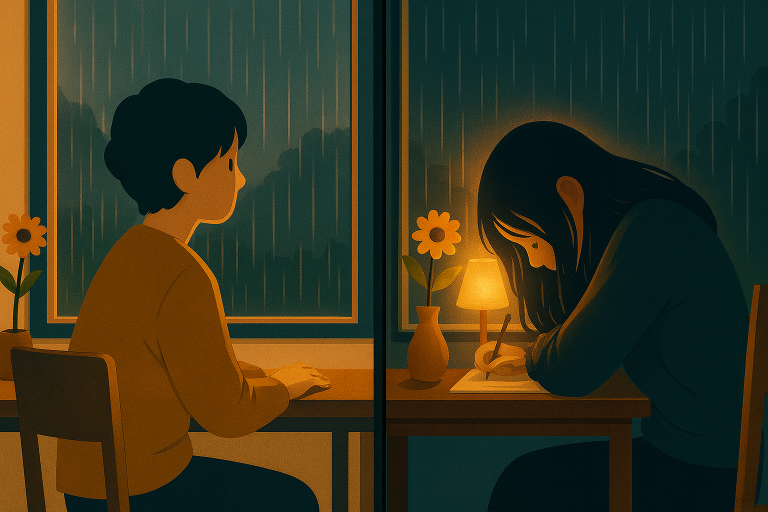 비 오는 날, 한쪽에서는 창밖을 바라보며 평화를 느끼고, 다른 쪽에서는 마음 속 무거운 생각에 잠긴 사람. 두 공간을 가르는 화면 속, 꽃이 놓인 책상이 부드러운 온기를 전한다.