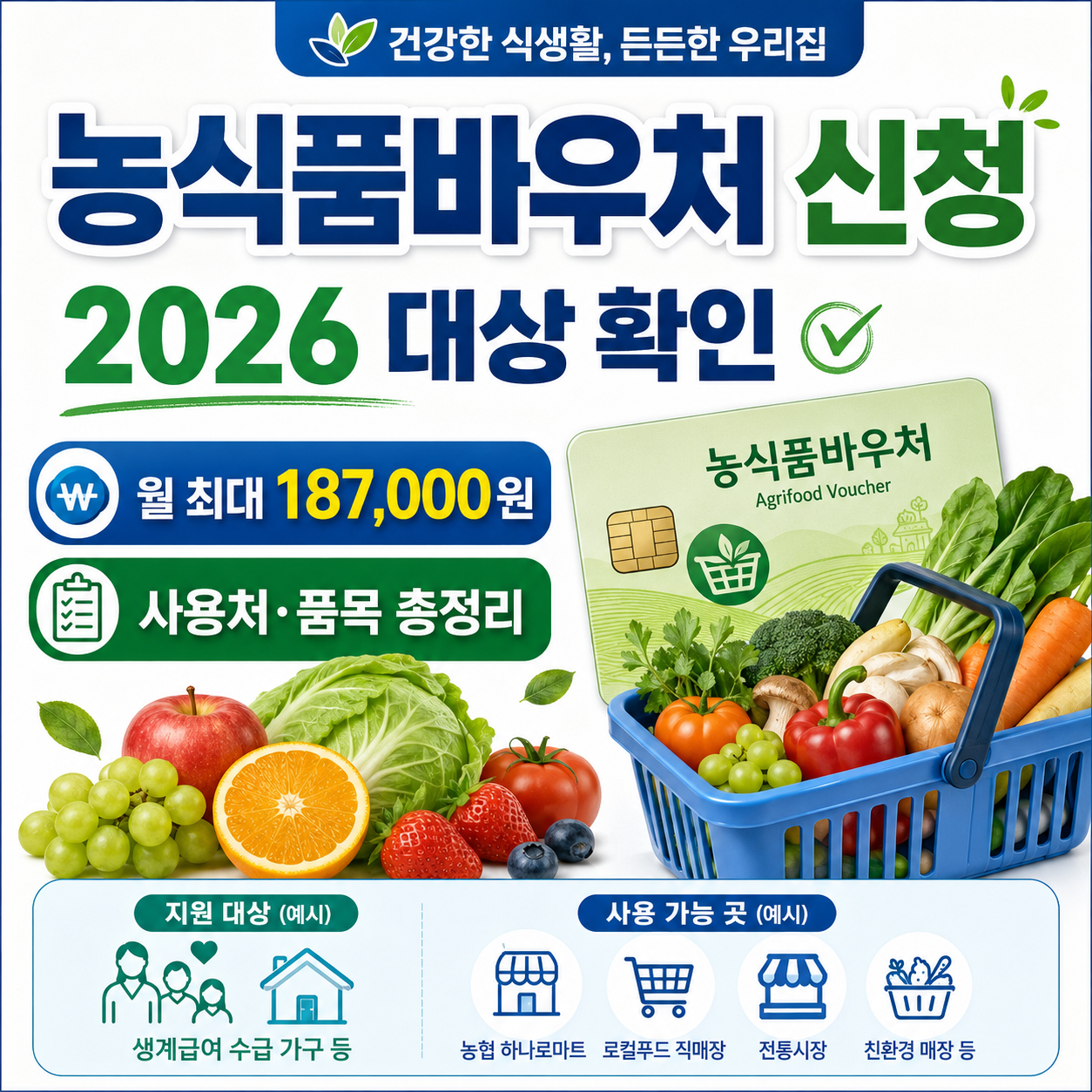 2026 농식품바우처 신청 대상과 월 최대 187,000원 지원금, 사용처와 품목 정보를 안내하는 블로그 대표 썸네일 이미지